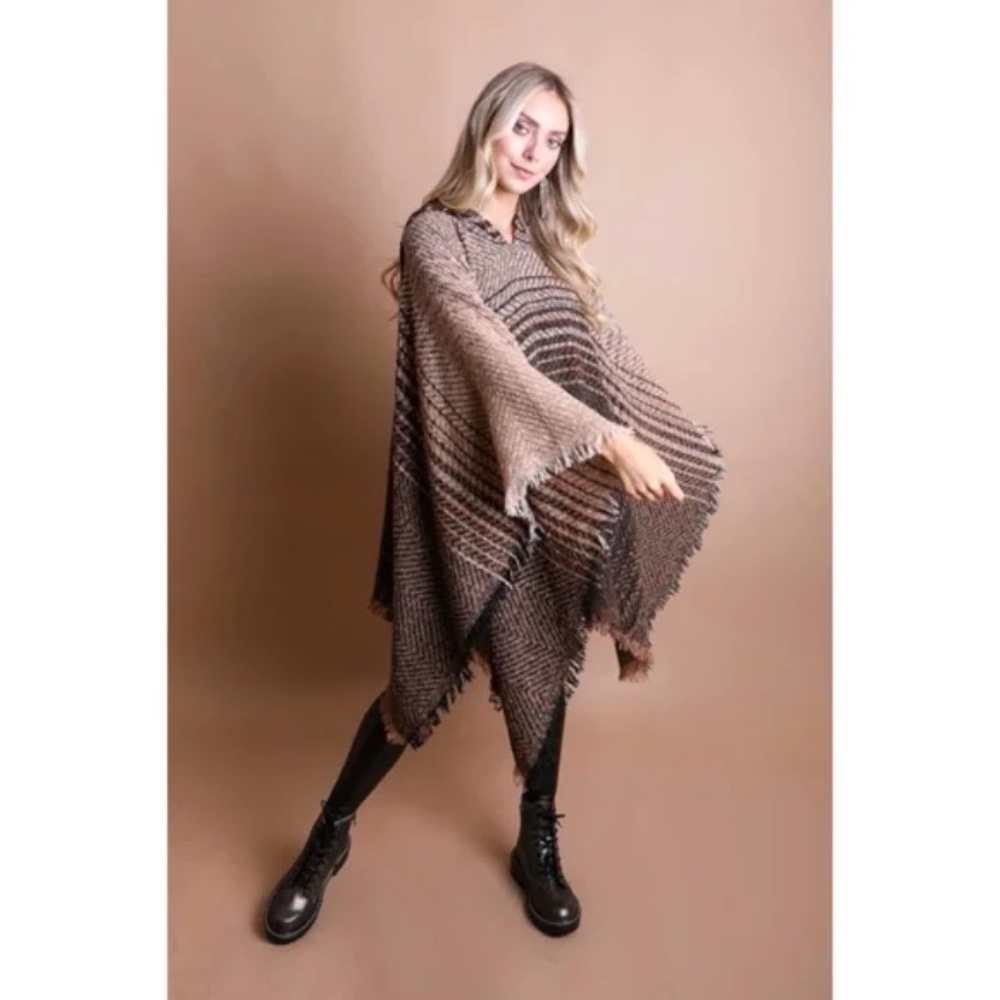 Mocha Herringbone Tweed Hooded Frayed Edge Knit Poncho - Picture 2 of 4